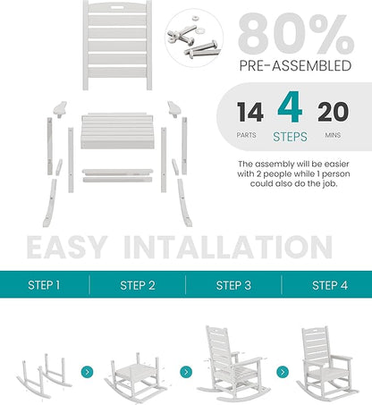 SERWALL HDPE Outdoor Rocking Chair, Oversized Rocking Chair with Footboard, High Back Porch Rocker Chair with 350lbs Support, White