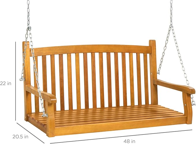 Best Choice Products 48in Wood Porch Swing Outdoor Patio Hanging Bench Chair Furniture for Deck, Garden - Photo 7