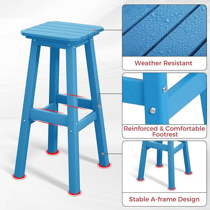 Costaelm 29" Height Outdoor Bar Stools, All-Weather Bar Stools, Adirondack Poly Patio Square Bar Stool for Patio, Deck, Kitchen Counter and Garden, Pacific Blue