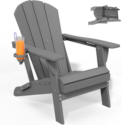 Foldable Adirondack Chair with Cup Holder-Heavy Duty Recycled HDPE Outdoor Patio Furniture, Weather Resistant Deck Lawn Fire Pit Chair (Gray, 1 Chair)