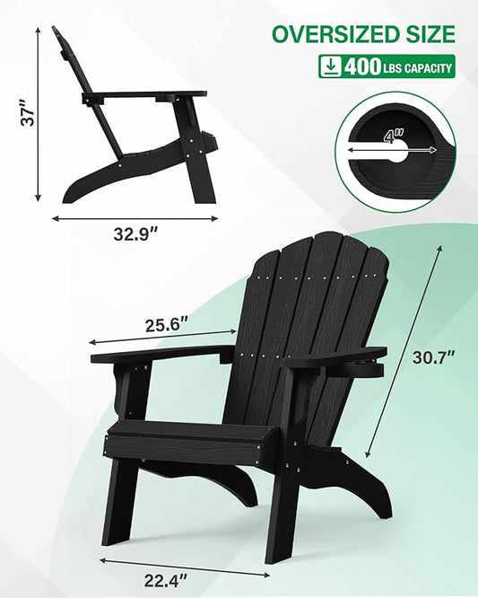YEFU Oversized Plastic Adirondack Chair Set of 2 with Cup-Holder (Large Dual-Purpose), Weather Resistant, Poly Lumber Outdoor Chairs Duty Rating Widely Used in Patio, Lawn, Outside, Deck Chairs-Black