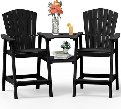 PLUUV Tall Adirondack Chairs Set of 2 High Back Adirondack barstools with Removable Connecting Tray, HDPE Height Adirondack Barstools, High Patio Chairs for Balcony, Lawn, Deck, Backyard - Black