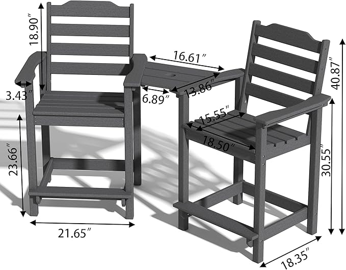 Tall Adirondack Bar Stools Set of 2 with Connecting Tray, Counter Height Patio Chairs, All Weather HDPE Balcony Stools for Outdoor Deck & Garden, Gray