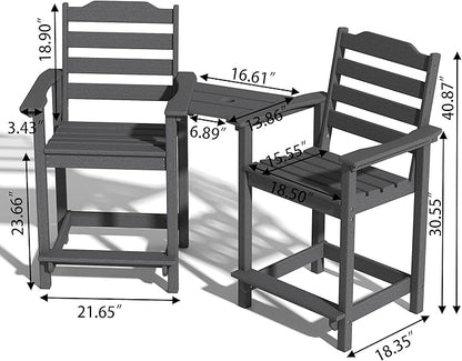 Tall Adirondack Bar Stools Set of 2 with Connecting Tray, Counter Height Patio Chairs, All Weather HDPE Balcony Stools for Outdoor Deck & Garden, Gray