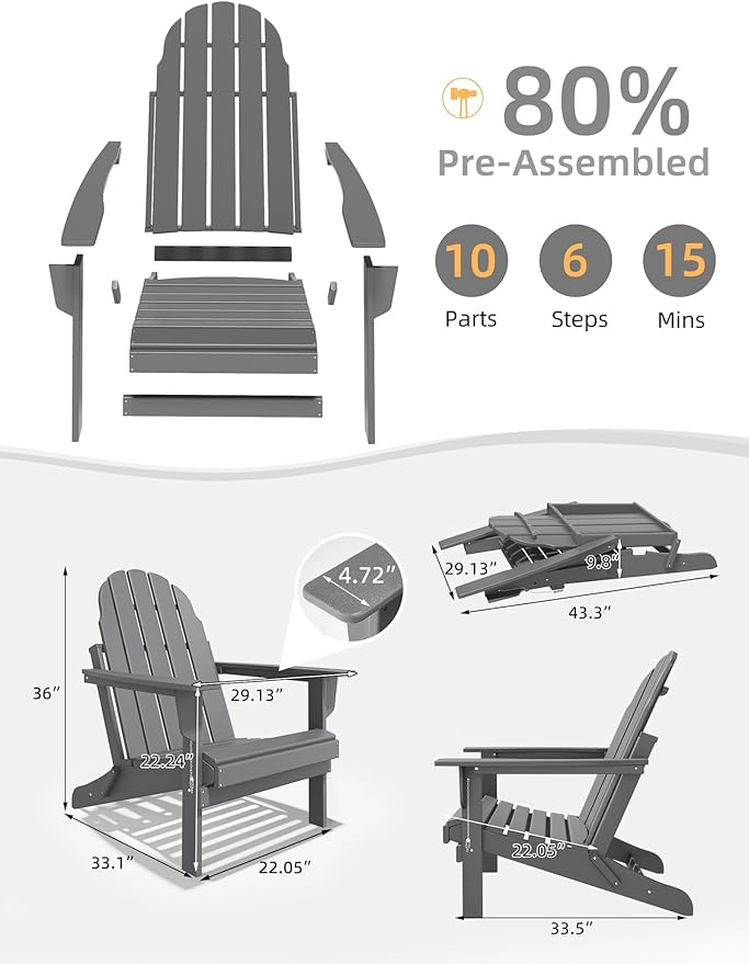 Folding Adirondack Chair - Durable HDPE Poly Lumber All-Weather Resistant - Photo 3