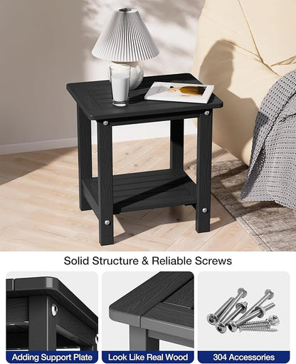 YEFU Outdoor Side Table for Patio: 16" HIPS Weather - Resistant Adirondack Tables - Waterproof Small Square End Tables for Backyard Pool Porch Balcony - Indoor Outdoor Double Layer Table Black