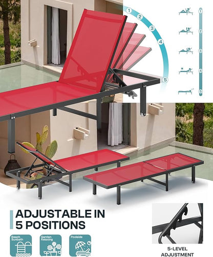 Aluminum Outdoor Lounge Chairs Set of 2, Pool Lounge Chairs with Wheels and 5-Position Recliner -Easy to Move- Patio Chaise Lounge Outdoor for Poolside, Deck, Beach (Red)