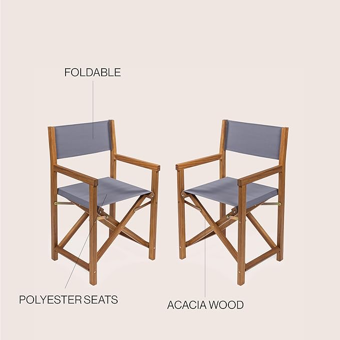 JONATHAN Y DRC1000A-SET2 Cukor Classic Vintage Outdoor Acacia Wood Folding Director Chair with Canvas Seat Mid-Century, Modern, Traditional, Bohemian, Coastal, Minimalist, Gray/Teak Brown (Set of 2)