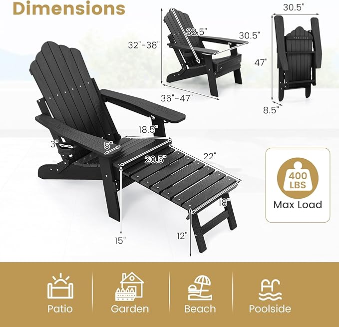 Giantex Folding Adirondack Chair, All-Weather Lounge Chair with Adjustable Backrest, Retractable Ottoman, Cup Holder, HIPS Fire Pit Chair for Lawn, Pool, Patio, Porch (1, Black)