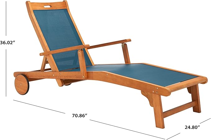 SAFAVIEH Outdoor Collection Kamson Natural Brown Solid Wood/Navy Fabric Adjustable Chaise Lounge Chair (PAT7071B) - Photo 3