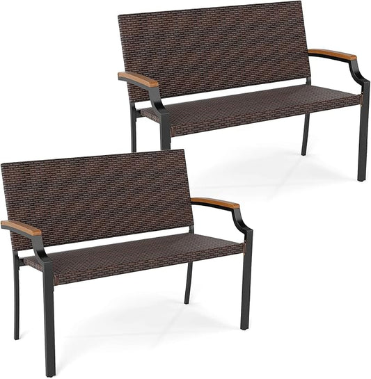 Tangkula Stackable Patio Wicker Loveseat Bench, 2-Person Rattan Outdoor Bench with Acacia Wood Armrests & Metal Frame, Rattan Conversation Furniture for Backyard, Garden, Balcony, Porch (2,Mix Brown)
