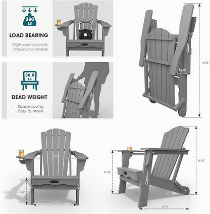 Folding Adirondack Chair Set of 2,HDPE All-Weather Outdoor Chair with Cup Holder,Wooden Textured,Fire Pit Chair,Plastic Patio Chair for Deck,Backyard,Garden,Lawn(Grey)