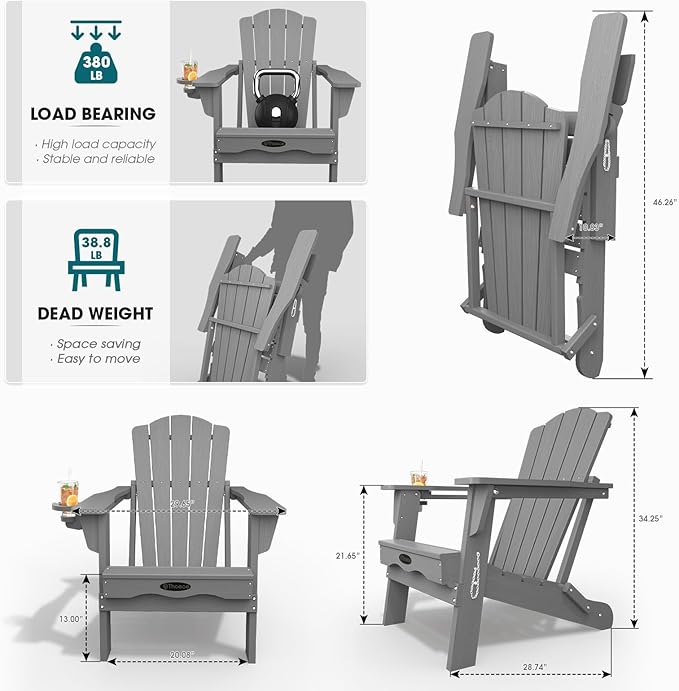 Folding Adirondack Chair, HDPE All-Weather Outdoor Chair with Cup Holder, Wooden Textured, Fire Pit Chair - Photo 3