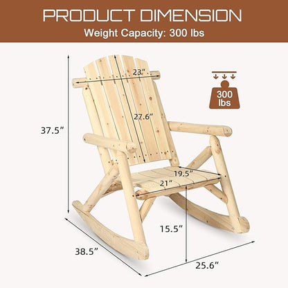 HOMEDIARY Wooden Adirondack Rocking Chair, Patio Log Rocker Outdoor Lounge Chair with Slatted Wooden Design, High Fanned Back & Classic Rustic Style for Patio Garden Backyard Porch, Natural