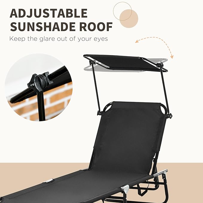 Outsunny Folding Chaise Lounge Pool Lounge Chairs Set of 2, Outdoor Sun Tanning Chairs with Canopy Shade, Reclining Back, Steel Frame and Side Pocket for Beach, Yard, Patio, Black