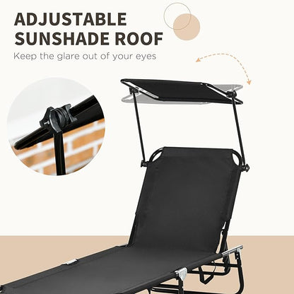 Outsunny Folding Chaise Lounge Pool Lounge Chairs Set of 2, Outdoor Sun Tanning Chairs with Canopy Shade, Reclining Back, Steel Frame and Side Pocket for Beach, Yard, Patio, Black