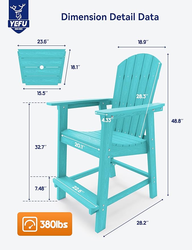 YEFU Tall Adirondack Chair Set of 2, Balcony Chair with Connecting Table, Poly Lumber Adirondack Chair, Patio Bar Stools, 380lbs, Weather Resistant for Outdoor Deck Lawn Pool-Aruba Blue