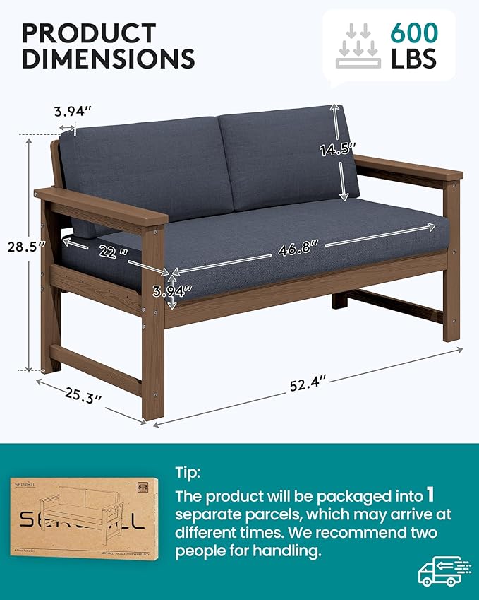 SERWALL HDPE Outdoor Loveseat with Cushions, All Weather Use Outdoor Loveseat Sofa, Brown Frame/Grey Cushion - Photo 4