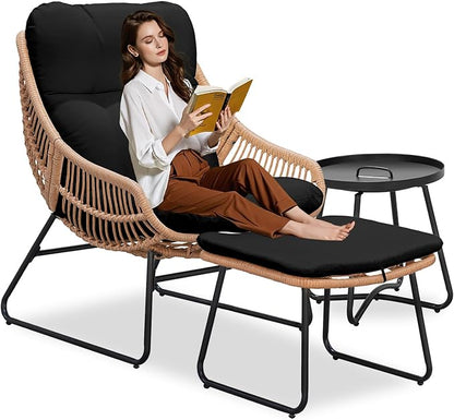 Outdoor Wicker Papasan Egg Chair with Ottoman, Patio Basket Lounge Chair Indoor Egg-Shaped Rattan Reading Lounger with Thick Cushion and Table for Living Room Bedroom Balcony Porch, Black