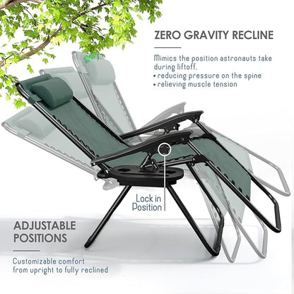 Nestl Zero Gravity Chairs 1 Pk, Portable Patio Lounge Outdoor with Pillows & Cup Holder Trays, Adjustable Steel Lawn Chair for Deck, Beach - Forest Green