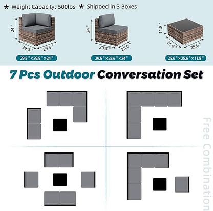 SUNLEI 7 Piece Patio Furniture Sets, Low Back All-Weather Rattan Sectional Sofa with Tea Table&Washable Couch Cushions, Patio Furniture Sets, Brown Rattan