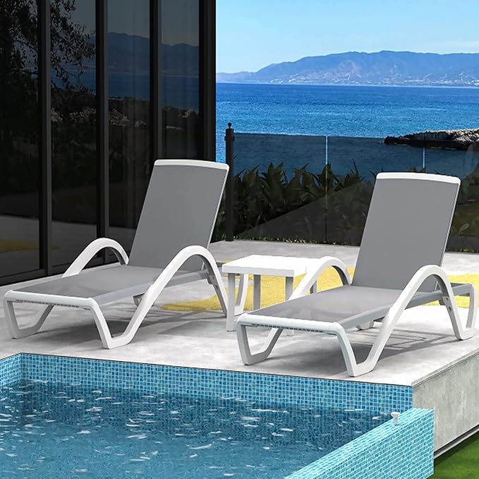 Domi Patio Chaise Lounge Chair Set of 3, Outdoor Aluminum Polypropylene Sunbathing Chair with Adjustable Backrest, Arm - Photo 1