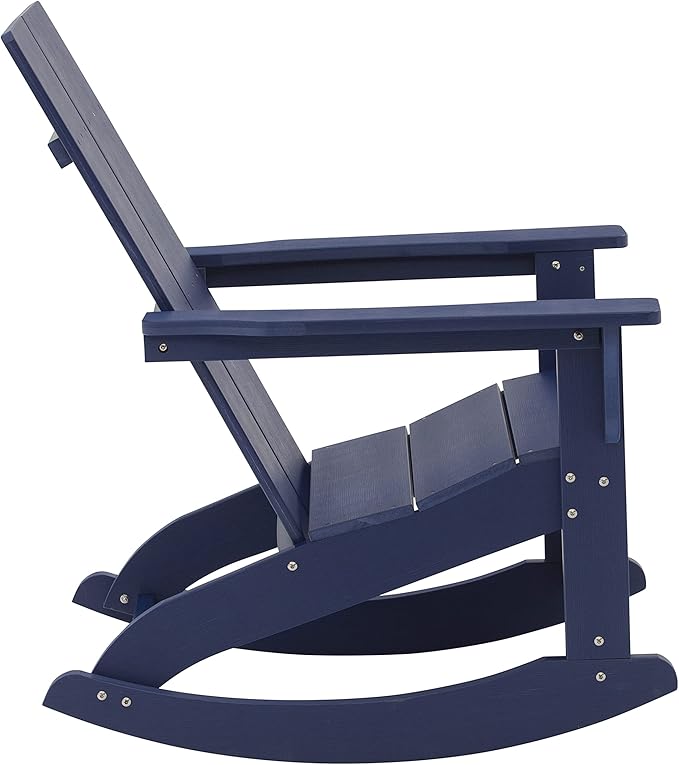 Flash Furniture Finn Modern Commercial Grade Poly Resin Wood Adirondack Rocking Chair - All Weather Navy Polystyrene - Dual Slat Back - Stainless Steel Hardware