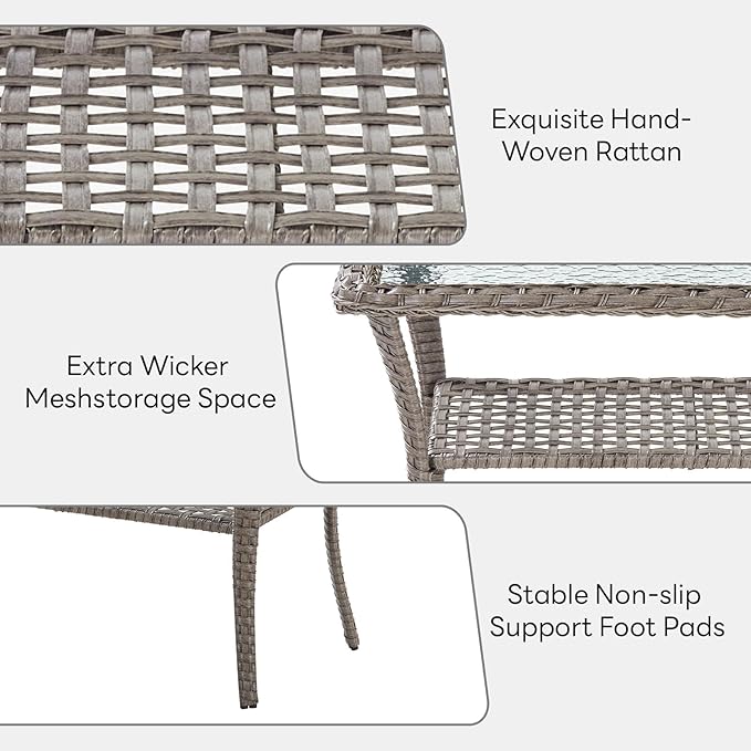 Belord 38 Inch Outdoor Coffee Table with 2 Tier Storage - Wicker Coffee Table with Water Ripple Texture Tempered Glass Top, All Weather Patio Coffee Table for Deck Porch Balcony Garden Gray