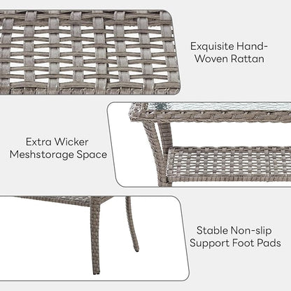 Belord 38 Inch Outdoor Coffee Table with 2 Tier Storage - Wicker Coffee Table with Water Ripple Texture Tempered Glass Top, All Weather Patio Coffee Table for Deck Porch Balcony Garden Gray