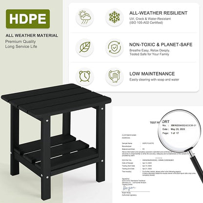 Adirondack Outdoor Side Table, 2-Tier Small Patio End Table, Weather Resistant HDPE Outdoor End Tables for Garden, Lawn, Pool, Beach, Porch, Deck, Backyard - Square, Black
