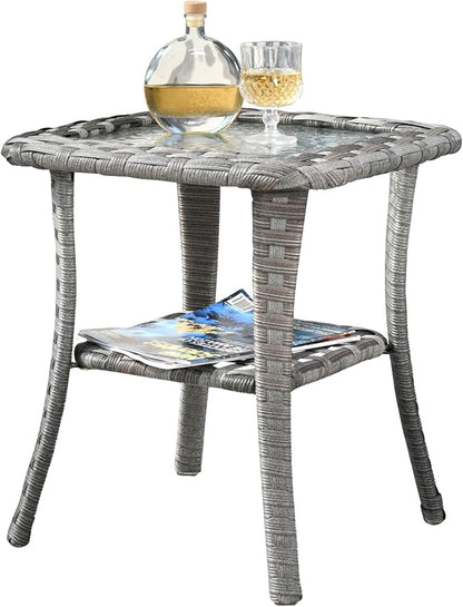 ovios Outdoor Side Table with Tempered Glass Top, Patio Wicker Rattan Bistro Coffee Tables with 2 Tiers Storage for Porch Deck Balcony Garden Poolside, Light Grey