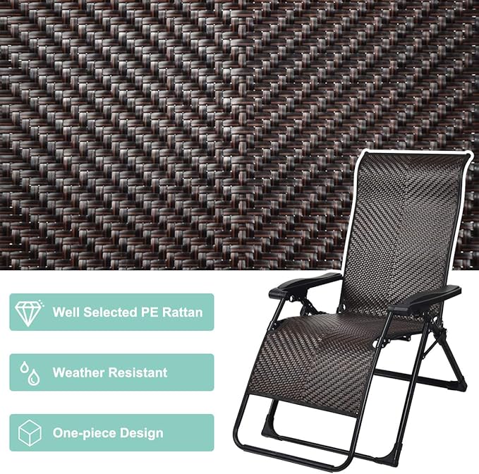 Tangkula Rattan Zero Gravity Chair, Outdoor Adjustable Folding Lounge Chair with Widened Armrest & Locking System, Heavy Duty Wicker Chaise Folding Recliner for Pool, Patio, Beach, Yard (1)
