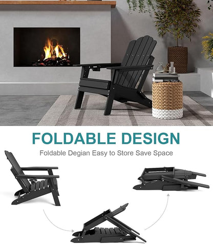 FOOWIN Adirondack Chair Set of 8, Folding HDPE Patio Chairs with Cup Holder, 400LBS Heavy Duty Commercial Fire Pit Seating for Resort, Hotel, Event, Large Deck, Black