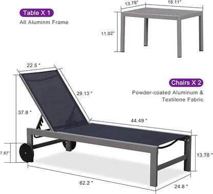 PURPLE LEAF Outdoor Lounge Chair Set for 2 Patio Chaise Lounger with Aluminum Frame and Easy-to-Move Wheels All-Weather Pool Lounge Chairs for Outside Garden Yard Poolside Table Included, Navy Blue