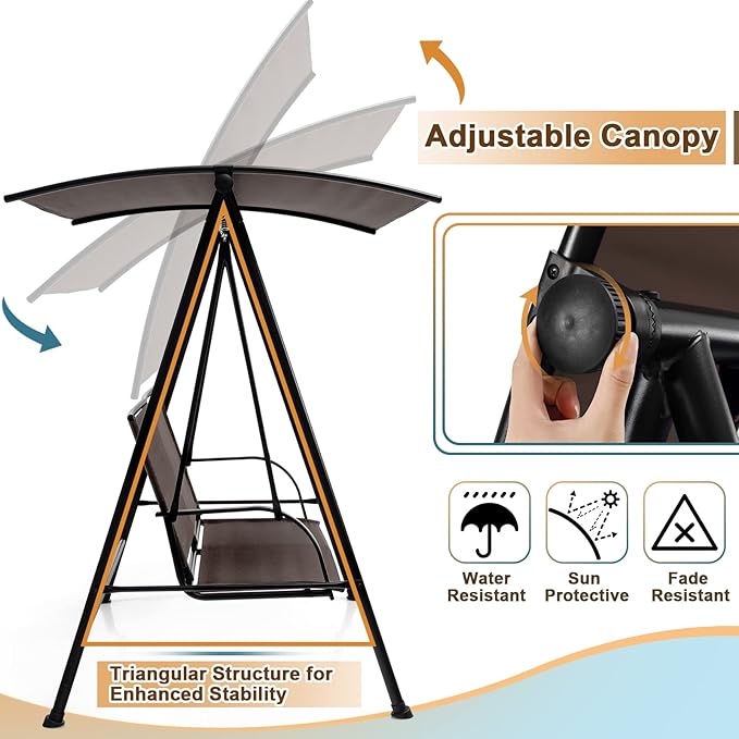 Tangkula 2 Person Porch Swing, Patio Swing with Adjustable Canopy, Comfortable Fabric Seat & Heavy-Duty Steel Frame - Photo 6
