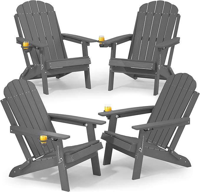 YEFU Adirondack Chairs Set of 4 for Patio: Folding Plastic Fire Pit Chair with Cup Holders & Adjustable Backrest - Sturdy All-Weather HDPE for Outdoor Backyard Deck- Easy Assembly(Grey)