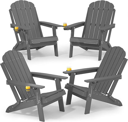 YEFU Adirondack Chairs Set of 4 for Patio: Folding Plastic Fire Pit Chair with Cup Holders & Adjustable Backrest - Sturdy All-Weather HDPE for Outdoor Backyard Deck- Easy Assembly(Grey)