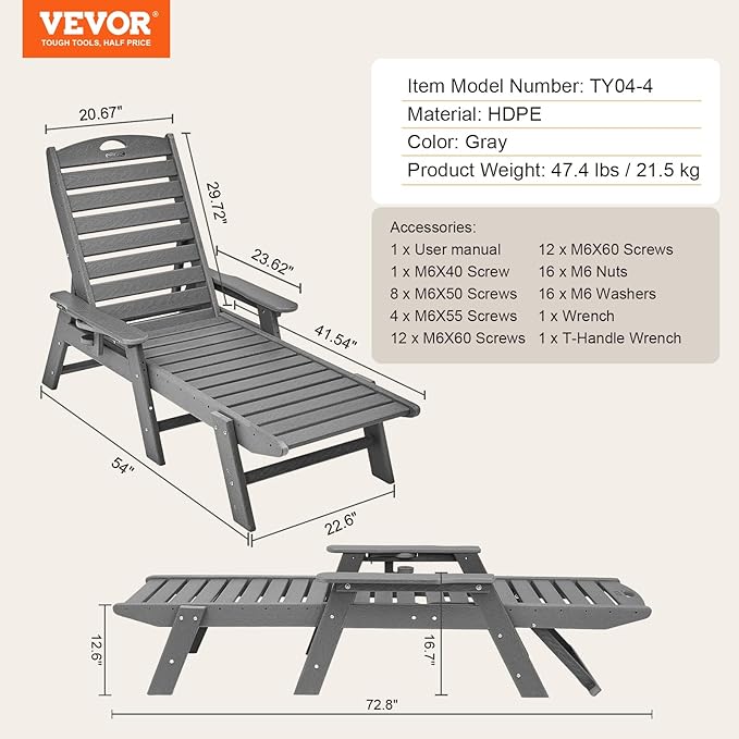 VEVOR Chaise Lounge Chair, 400 lbs Weight Capacity, 6 Positions Adjustable Patio Lounge Chair, Outdoor HDPE Lounge Chair with Backrest & Cup Holder, for Pool Poolside Deck Backyard Lawn, Gray