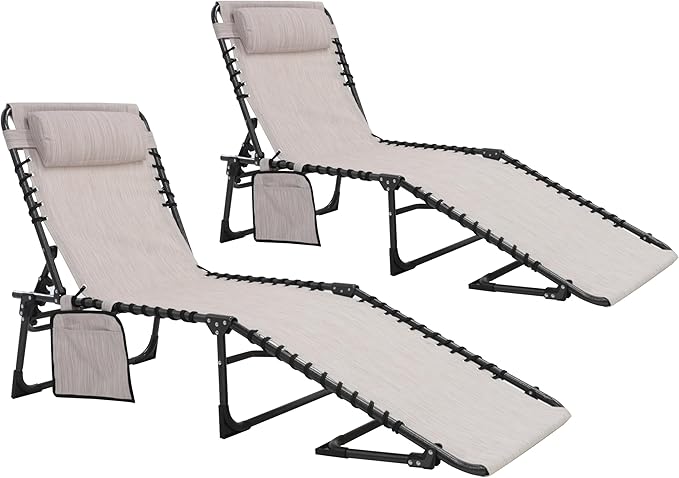 2 Pack Outdoor Foldable Chaise Lounge Chair with Detachable Pillow & Pocket - Photo 1