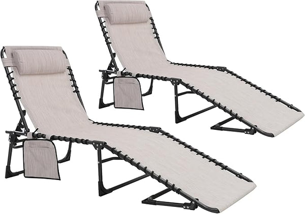 2 Pack Outdoor Foldable Chaise Lounge Chair with Detachable Pillow & Pocket - Photo 1