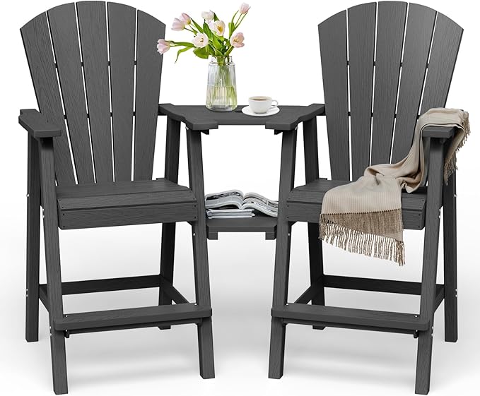 Tall Adirondack Chairs Set of 2, HDPE High Adirondack Chairs with Double Removable Trays, All Weather Outdoor Barstools for Patio, Balcony, Backyard, Deck and Garden, Darkgrey