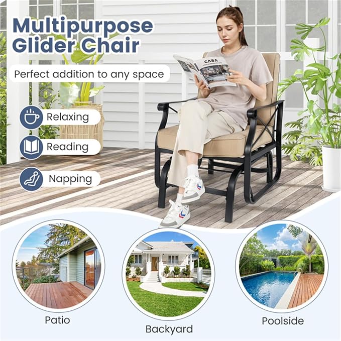 Black Metal Patio Glider Chair Outdoor Rocking Chair, Ergonomic Gliding Bench for Porch Garden Heavy Duty Lawn Furniture - Photo 4