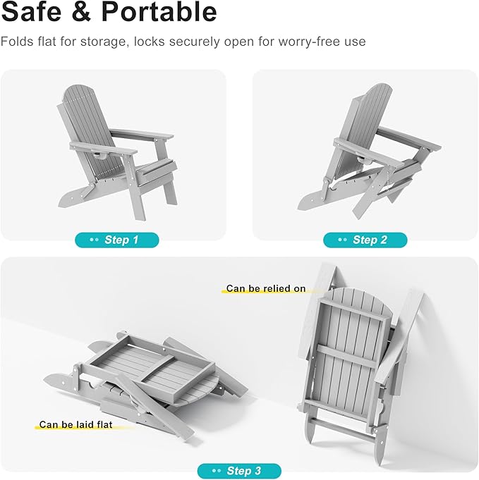 HDPE Foldable Adirondack Outdoor Chair with Cup Holder, Weather Resistant Heavy-Duty Patio Chair for Patio, Backyard, Deck, Fire Pit, Lawn and Porch, Silver Grey