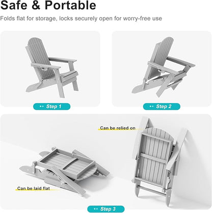 HDPE Foldable Adirondack Outdoor Chair with Cup Holder, Weather Resistant Heavy-Duty Patio Chair for Patio, Backyard, Deck, Fire Pit, Lawn and Porch, Silver Grey