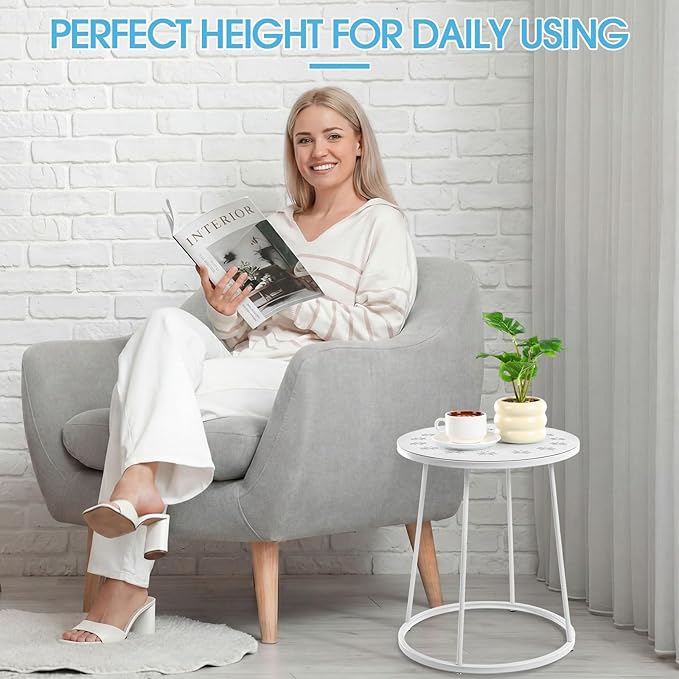 Outdoor Side Table with Flower Cut Outs 14" Weather Resistant Metal Patio Side Tables Small Plant Stand Round Outdoor End Table for Patio Outside Porch Balconies Garden(White,Fashion)