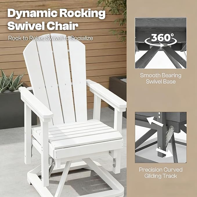 Kingdura Adirondack Swivel Glider Chair, HDPE Patio Glider Rocking Chair for Outdoor, All-Weather Glider Chair for Porch Balcony Lawn Poolside, 450LBS Capacity (White)
