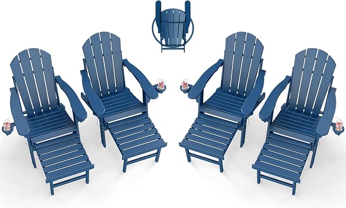 BRIOPAWS Adirondack-Chairs-with-Pull-Out-Footrest | Set of 4 | Folding | HDPE Plastic | Fire Pit Chair | All Weather | Cup Holders | Curved Back | Retractable Ottoman | for Poolside Deck | Blue