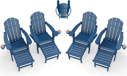 BRIOPAWS Adirondack-Chairs-with-Pull-Out-Footrest | Set of 4 | Folding | HDPE Plastic | Fire Pit Chair | All Weather | Cup Holders | Curved Back | Retractable Ottoman | for Poolside Deck | Blue
