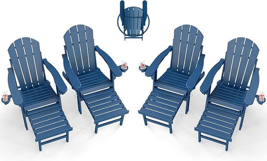 BRIOPAWS Adirondack-Chairs-with-Pull-Out-Footrest | Set of 4 | Folding | HDPE Plastic | Fire Pit Chair | All Weather | Cup Holders | Curved Back | Retractable Ottoman | for Poolside Deck | Blue