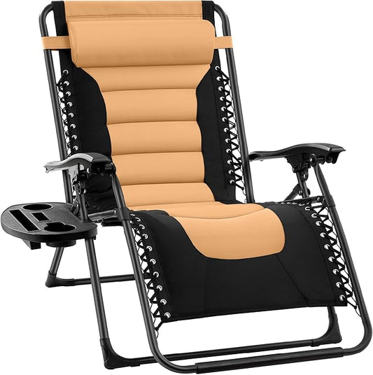 Best Choice Products Oversized Padded Zero Gravity Chair, Folding Outdoor Patio Recliner, XL Anti Gravity Lounger for Backyard w/Headrest, Cup Holder, Side Tray, Polyester Mesh - Tan
